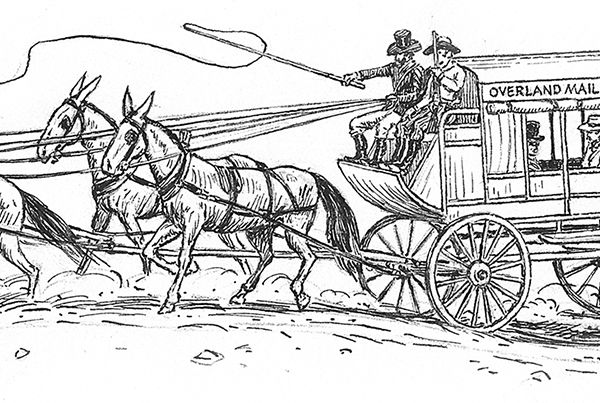 black and white drawing of a horse drawn carriage